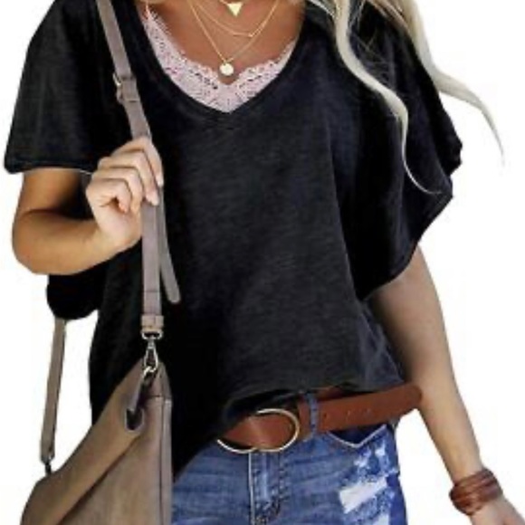 NWT Niashot women’s loose v neck t shirt with wide batwing sleeves in light gray - Picture 5 of 12